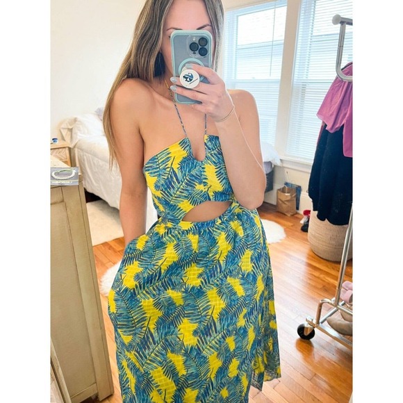 Tanya Taylor Yellow and Blue Floral Palm Print Halter Maxi Dress Size 2 - Picture 2 of 10